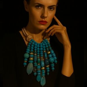 CHICOS VINTAGE TURQUOISE ARTISAN STATEMENT NECKLACE MULTISTRAND BEADED DESIGNER